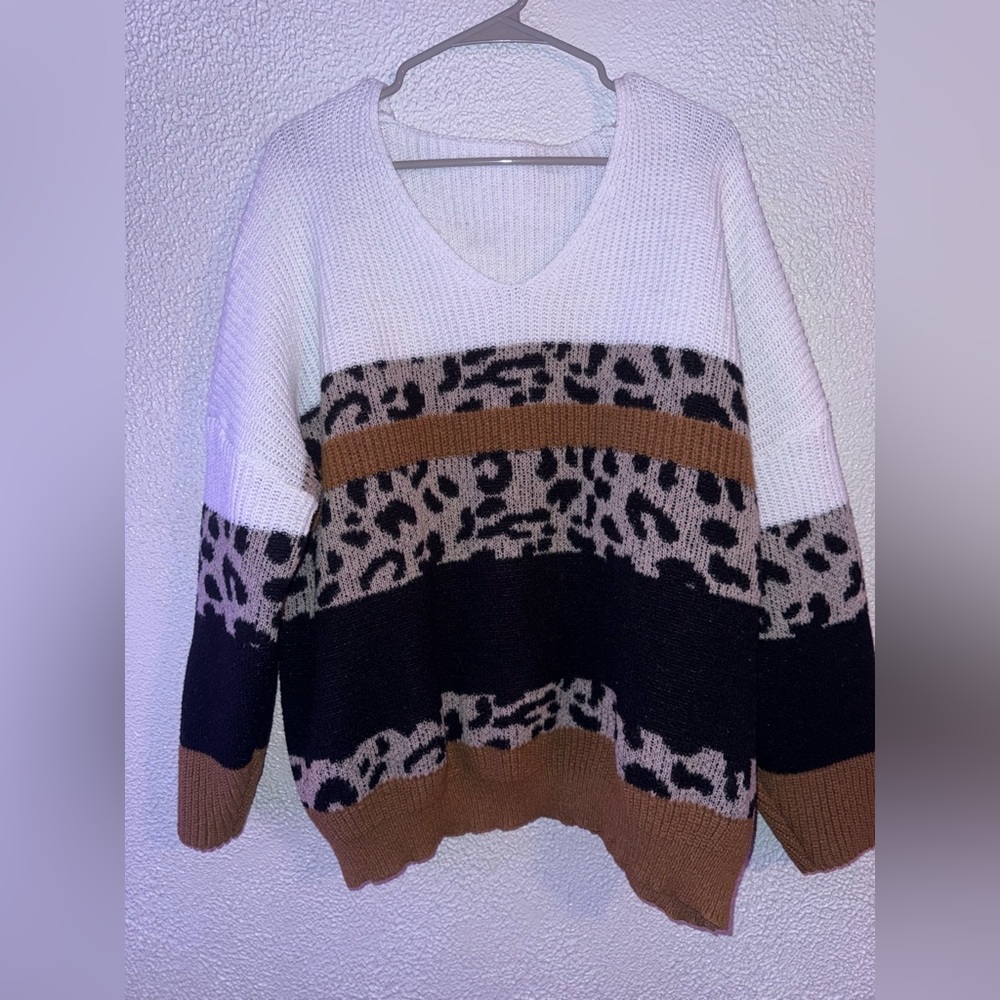 Leopard Print V-Neck Sweater - White, Black, Brown oversized